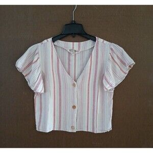 Vanilla Star Linen Short Sleeve Top Striped Comfy Casual Beachy Boho Tropical